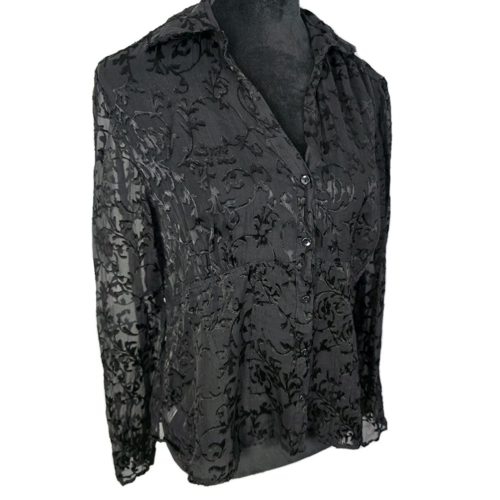 Nine West VTG‎ Y2K Fairy Grunge Silk Blend Baby Doll Blouse Large Black